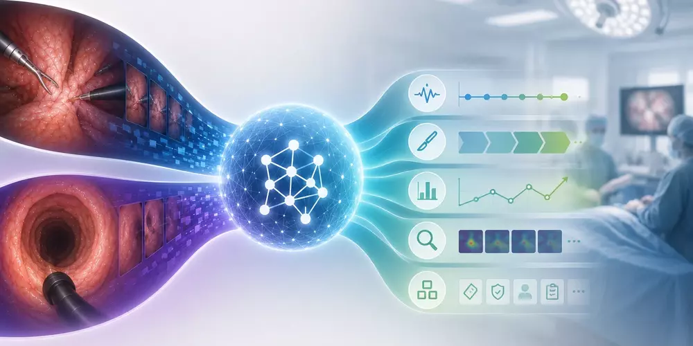 Stilisierte, KI-generierte Darstellung eines KI-Basismodells mit zwei Inputs (Minimal-invasive Chirurgie und ESD) und vielen möglichen Downstream-Tasks auf dem Weg hin zu einem Smarten Operationssaal